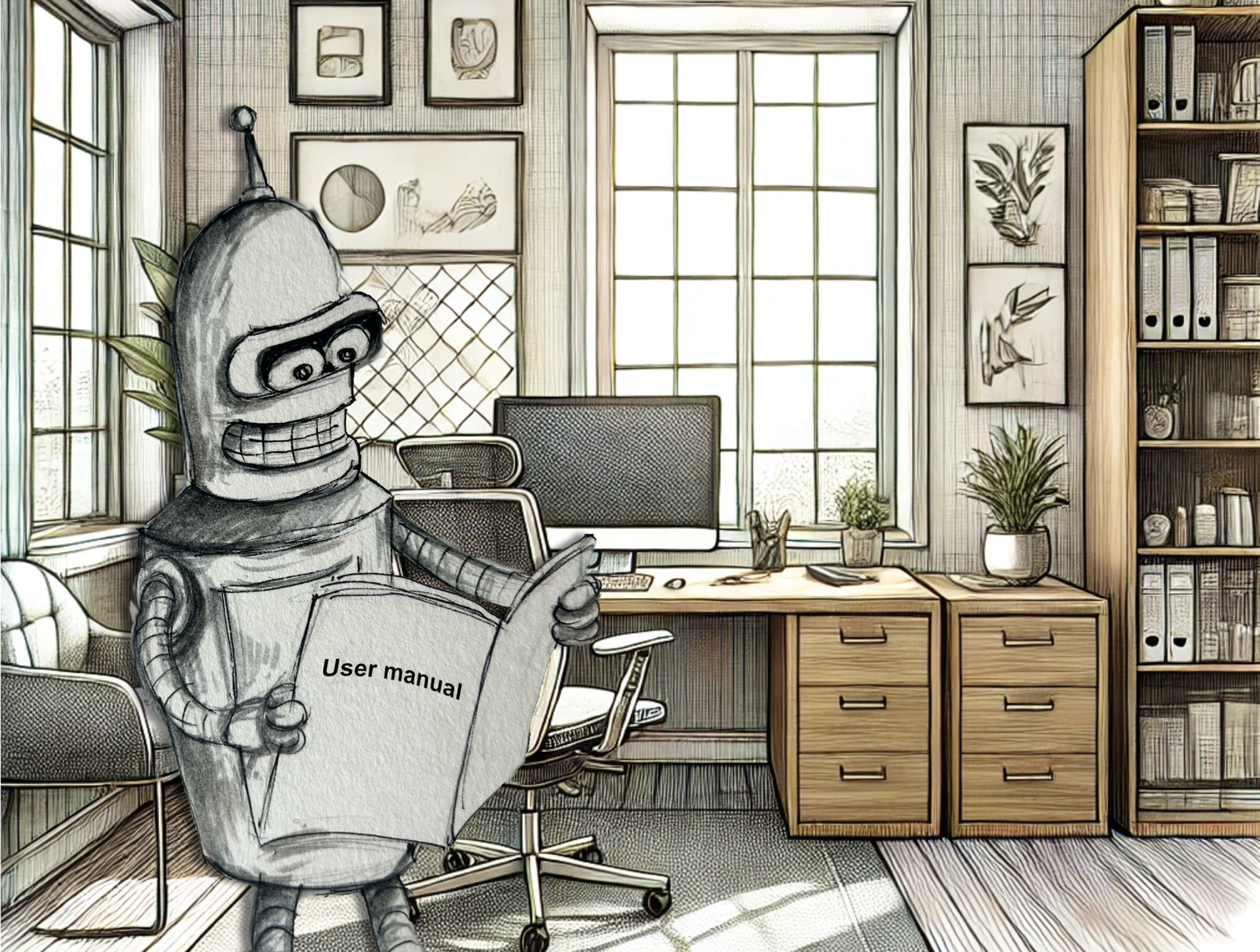 Bender reading a user manual in an office setting